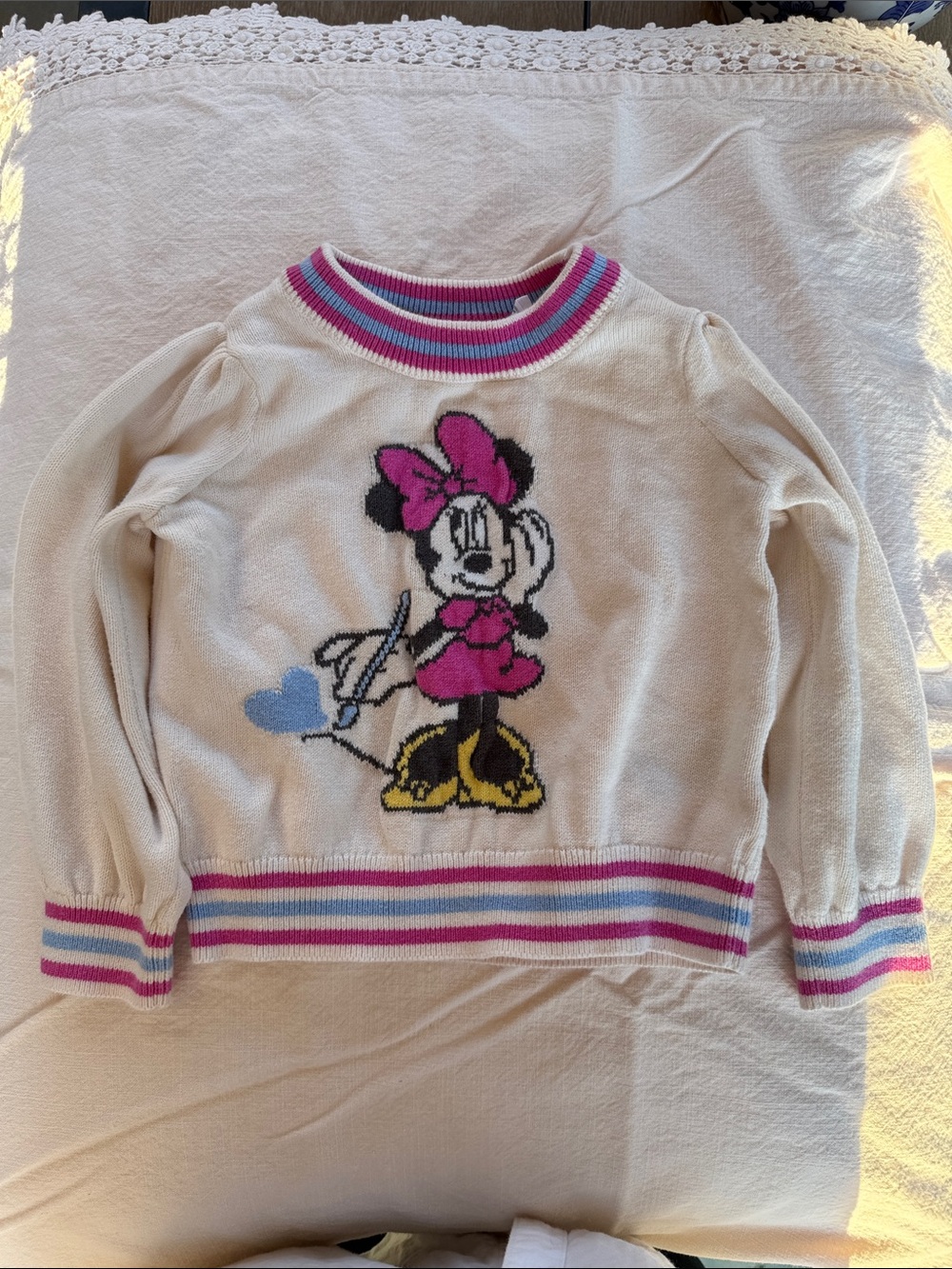 Disney Cream Knit Sweater with Pink & Blue Minnie Mouse Graphic